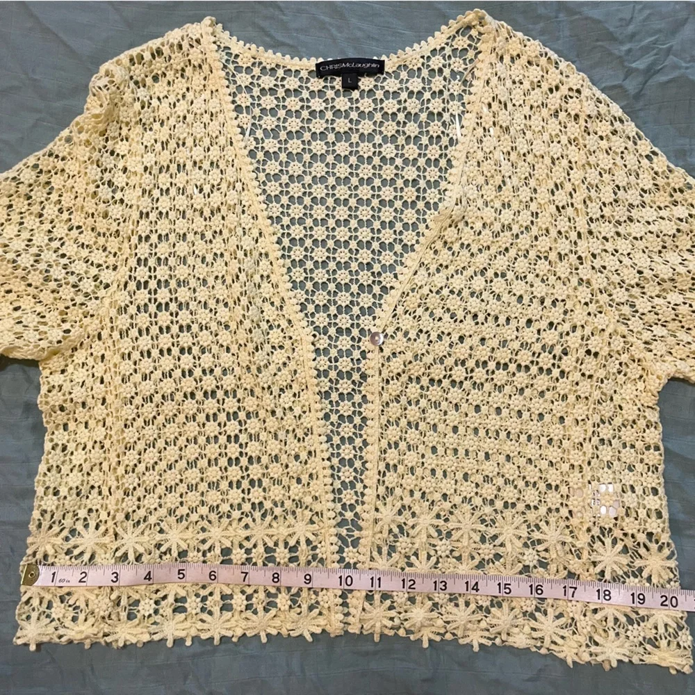 CHRISMcLaughlin Crochet Floral Butter Yellow Cardigan Lace Cropped Boho - Picture 10 of 16